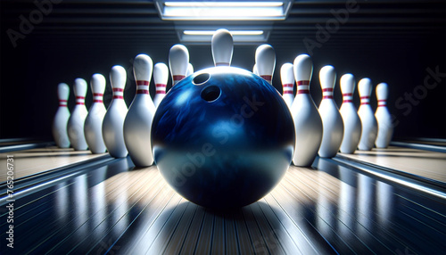 A glossy bowling ball as it hits the front pin in a bowling alley. The image emphasizes the explosive impact and scattering of the pins.