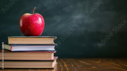 Stacking books with a red apple in the classroom in front of black board