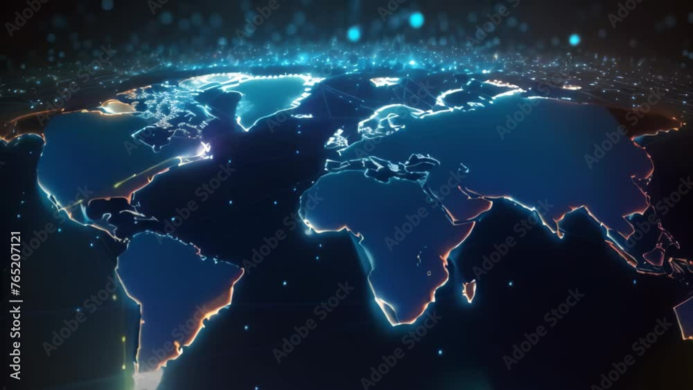 Global network connection concept with world map. 3d rendering, 3d illustration. Abstract world network connection on a glowing world map, Black background, AI Generated