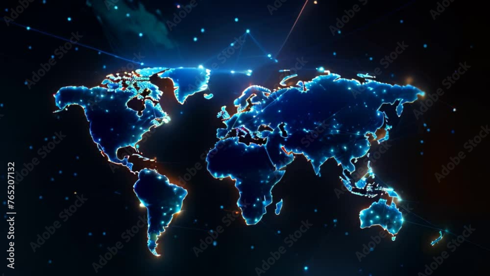 Abstract world map with glowing lines and dots on dark background ...
