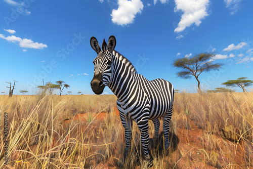 Black and White Stripes in the Wild: Solitary Zebra in the Wide Open Savannah against a Vivid Blue Sky
