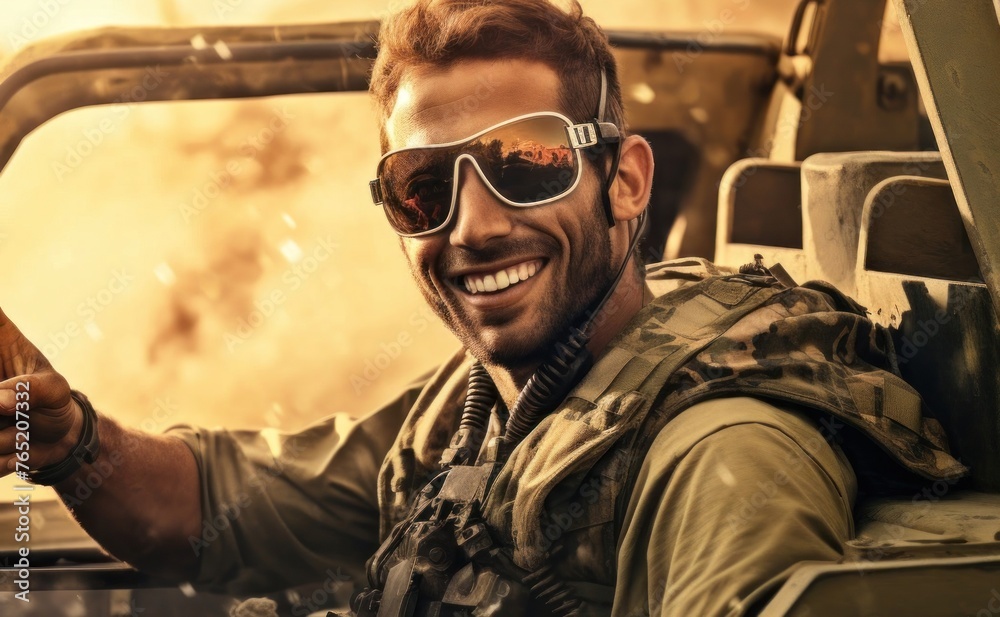 Fototapeta premium Caucasian Male Military Driver in Truck Generative AI