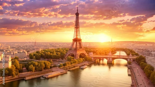 Aerial view of the Eiffel Tower at sunset, Paris, France, Aerial panoramic view of Paris with Eiffel Tower at sunset, France, AI Generated photo