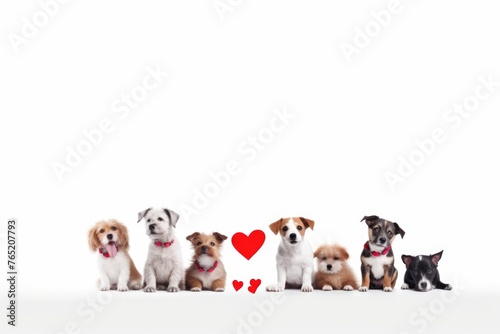 A row of cute puppies with heart decorations, sitting against a white background and looking forward. Row of Adorable Puppies Wearing Hearts