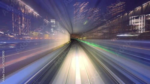 Futuristic Driverless Train Driving in Big Asian City of Tokyo, Japan Timelapse View Outside Front Window