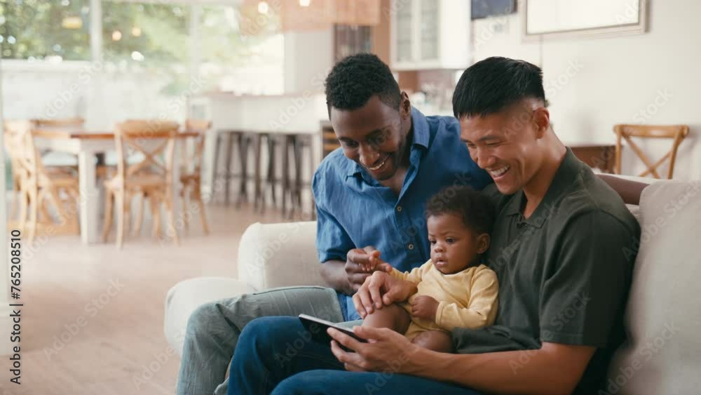 Same sex male couple or friends playing with baby daughter sitting on sofa at home together watching show on mobile phone - shot in slow motion Same sex male couple or friends playing with baby daughter sitting on sofa at home together watching show on mobile phone - shot in slow motion
