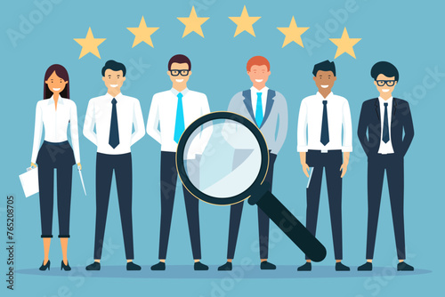Recruiters on the lookout for star candidates, HR team using magnifying glass and binoculars to find best-fit employees, proactive approach to talent acquisition and hiring. photo