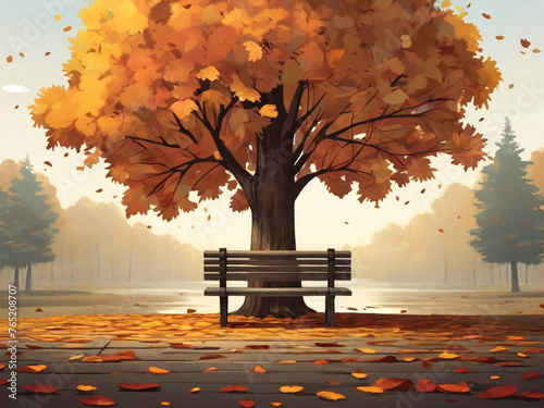 autumn in the park,  a bench under the autumn tree in the park. 