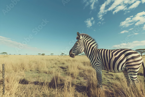 Black and White Stripes in the Wild: Solitary Zebra in the Wide Open Savannah against a Vivid Blue Sky