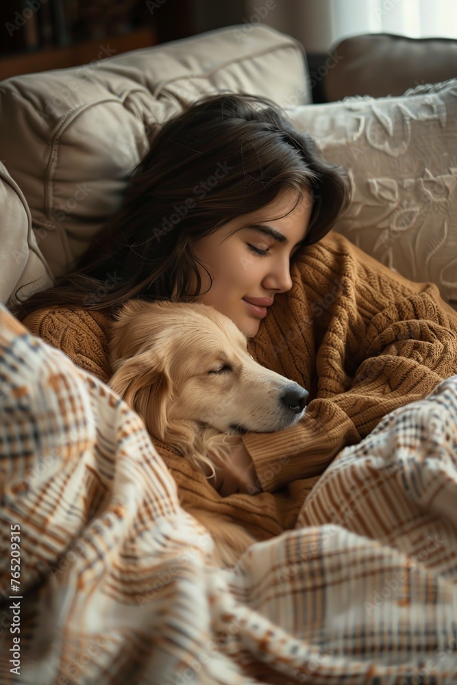 Obraz premium Woman Laying in Bed With Dog