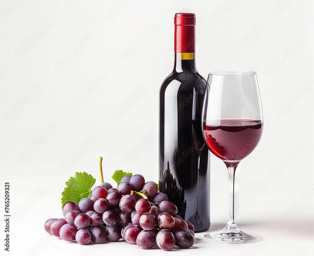 A bottle and a glass of red wine with a bunch of grapes next to them.