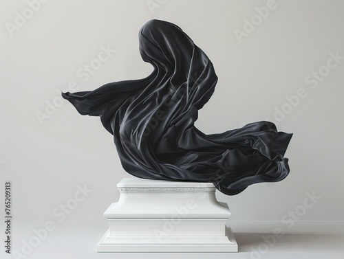 A sculpture of a person wearing a black robe sitting on a white block in front of a window. photo