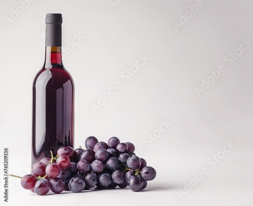 A bottle of red wine and a bunch of purple grapes are placed on a white surface.