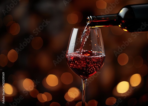 A bottle pouring red wine into a glass against a dark, orange background.