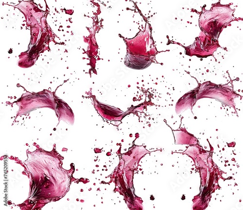 The image shows multiple instances of red juice splashing against a white background. There are at least six separate splashes, some of which appear to be coming from within a glass.  photo
