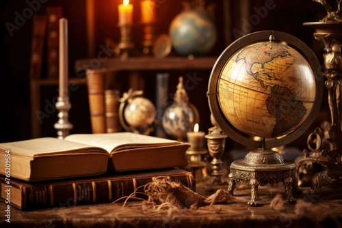 Old geographical globe and map and old book in cabinet. Science, education, travel background. History and geography team. Ancience, antique globe on the background of old map - generative ai © Nia™