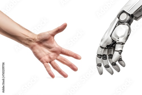 human and robot touch hands. the concept of artificial intelligence helping people. development of AI technologies and robotics