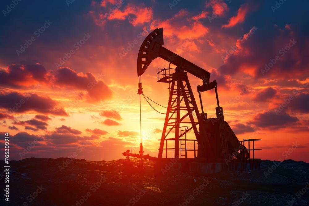 Oil pump oil rig energy industrial machine for petroleum in the sunset background for design