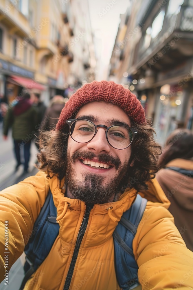 Man Taking Selfie in Street