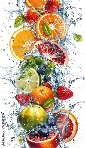 A variety of fruit  including oranges and apples  are falling into water and creating a splash.