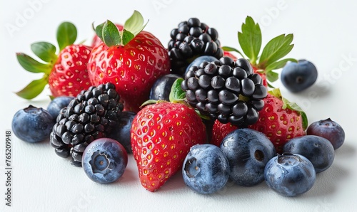 A pile of berries including strawberries, raspberries, and blueberries.