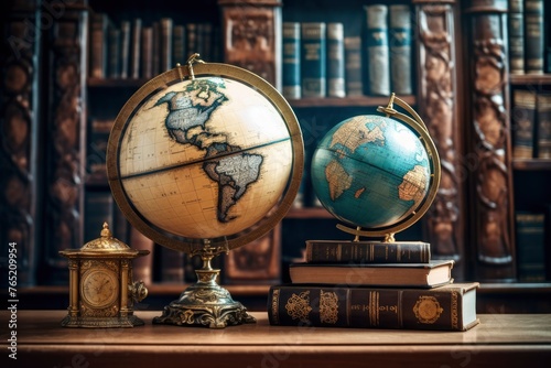 Old geographical globe and map and old book in cabinet. Science, education, travel background. History and geography team. Ancience, antique globe on the background of old map - generative ai