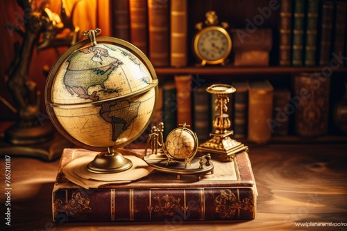 Old geographical globe and map and old book in cabinet. Science, education, travel background. History and geography team. Ancience, antique globe on the background of old map - generative ai photo