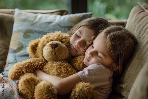 Little Girl Laying in Bed With Teddy Bear