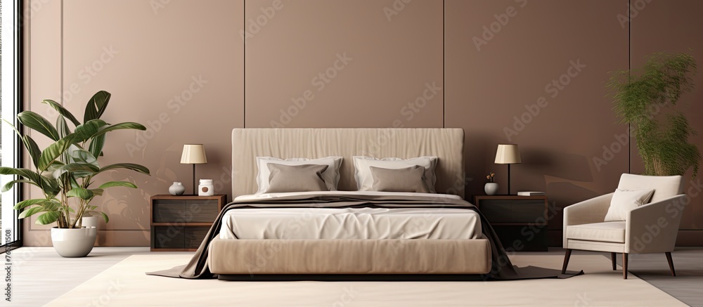 The image showcases a comfortable bedroom with a neatly made bed, a stylish chair, and a vibrant potted plant for a touch of nature The image showcases a comfortable bedroom with a neatly made bed, a stylish chair, and a vibrant potted plant for a touch of nature