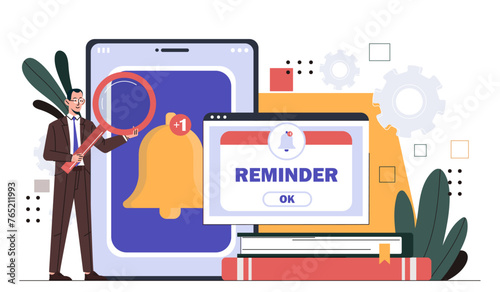 Man with reminder concept. Time management and efficient workflow. Businessman with alarm and notification. Planning and scheduling. Cartoon flat vector illustration isolated on white background