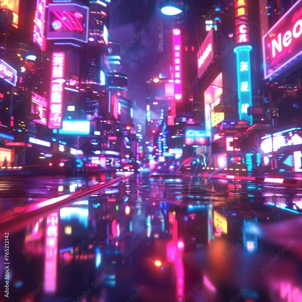 A vibrant cyberpunk cityscape at night, with neon signs reflecting on wet streets creating a surreal, futuristic atmosphere.