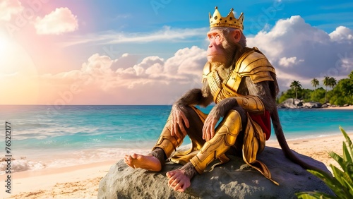 Monkey king sitting on the beach. Generative ai photo