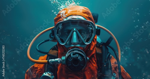 A commercial diver in diving gear, preparing for an underwater operation, photorealistik, solid color background photo