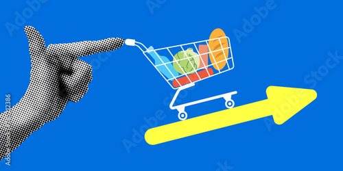 Economic inflation concept. Rising prices for consumer goods . Retro halftone hand and grocery cart. Human hand pushing grocery cart up. Modern collage. Food price inflation. Cost of living photo