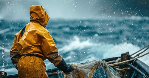 A commercial fisherman in waterproof gear, hauling a net, on a fishing boat, photorealistik, solid color background