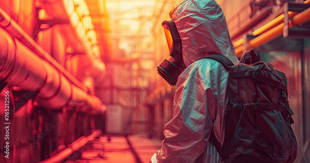 A nuclear technician in protective suit, monitoring equipment, in a nuclear facility, photorealistik, solid color background