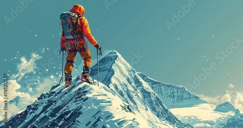 A mountaineer in climbing gear, holding ice axes, standing at the summit of a snow-covered peak, solid color background