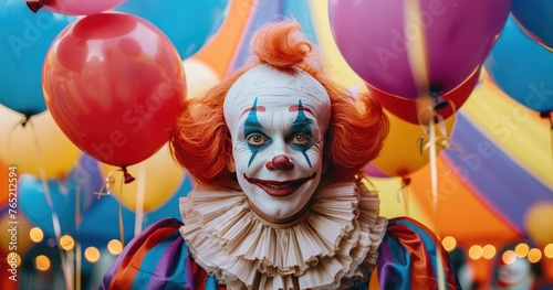 A professional clown in full costume and makeup, holding balloons, standing in a circus tent, solid color background