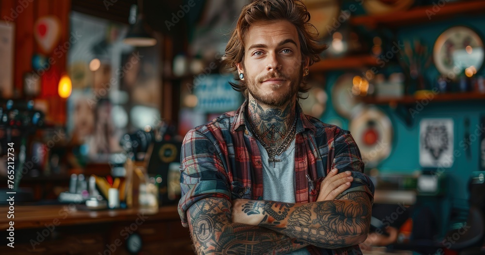 A tattoo artist in casual attire, holding a tattoo machine, standing in a tattoo parlor, photorealistik, solid color background