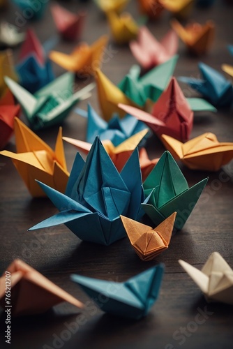 Postcard for World Origami Day, November 11. Concept "The Magic World of Origami". Whether it is an animal figurine or a portrait of a person, there is an origami element here.