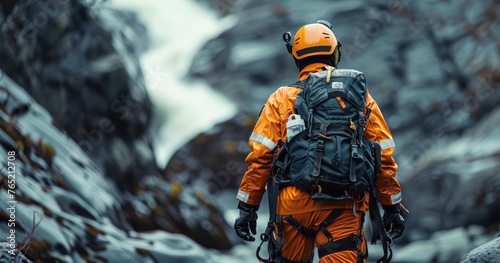 A search and rescue team member in gear, navigating rough terrain, during a search operation, photorealistik, solid color background photo