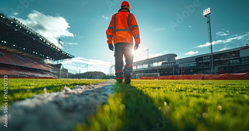 A stadium groundskeeper in maintenance uniform, preparing a sports field, before a game, photorealistik, solid color background photo