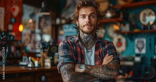 A tattoo artist in casual attire, holding a tattoo machine, standing in a tattoo parlor, photorealistik, solid color background
