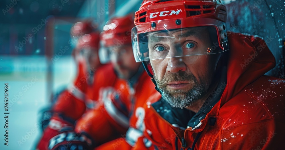A professional ice hockey coach in team attire, strategizing, behind the team bench, photorealistik, solid color background A professional ice hockey coach in team attire, strategizing, behind the team bench, photorealistik, solid color background