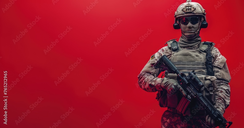 Fototapeta premium A soldier in camouflage uniform, holding a rifle, standing at attention, solid color background