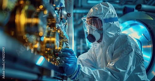A nuclear engineer in protective radiation suit, inspecting nuclear reactor core, photorealistik, solid color background photo