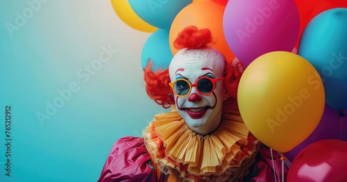 A professional clown in full costume and makeup, holding balloons, standing in a circus tent, solid color background