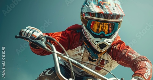 A professional BMX racer in racing gear, performing in a BMX competition, photorealistik, solid color background