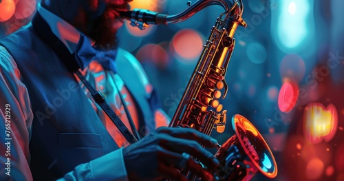 A professional saxophonist in formal wear, playing a saxophone, in a jazz club, photorealistik, solid color background