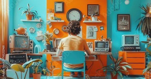 A stop motion animator in a creative studio, surrounded by miniature sets and characters, solid color background